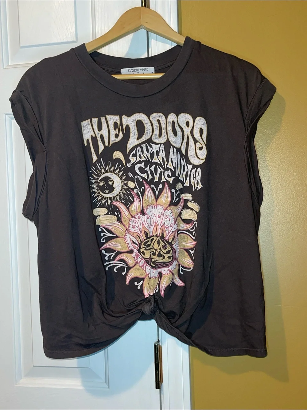Free People Black Graphic Short Sleeve Tee with Pink & Yellow Sunflower